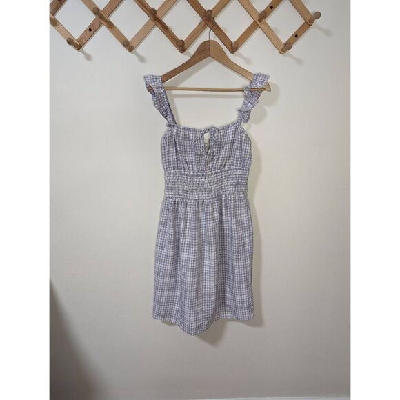WAYF Smocked Waist Purple Gingham Checkered Mini Dress - Size M - Picture 1 of 9